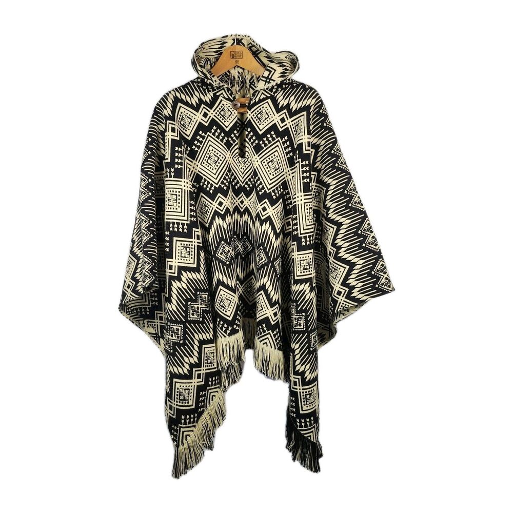 Alpaca Hooded‎ Poncho Wool Blend Unisex Aztec Geometric Boho Hippe  Appx XL